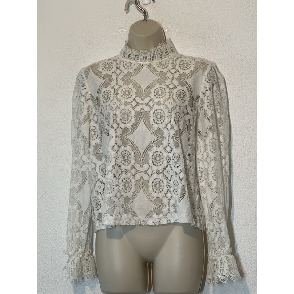 Victorian Style Crochet Open Knit‎ Top Pullover Long Sleeve Flounce Cuff Hi Neck